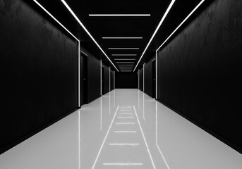 3D Render of Modern Black and White Hallway with Bright Lighting and Geometric Design