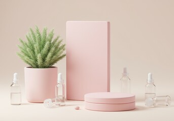 3D Render of Pink Podium with Cosmetics and Plant on Pastel Background