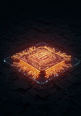 3D Render of Orange Glowing Circuit Board Technology on Dark Grid Surface