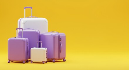 3D Render of Purple and White Suitcases on a Yellow Background For Travel Photo
