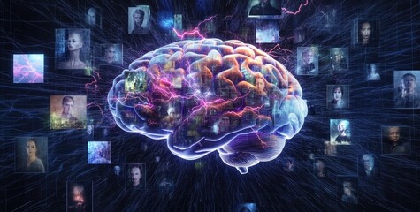 Brain network, diverse faces, digital art, interconnected