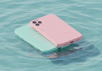 3D Render of Two Smartphones Floating on Water with Pink and Blue Colors