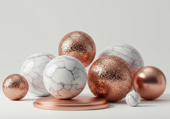 3D Render Of Spheres With Gold And Marble Texture On White Background