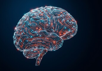 3D Rendered Abstract Brain With Glowing Circuit Network Against a Dark Blue Background
