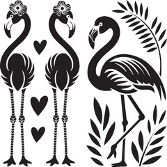 A set of three elegant black flamingo silhouettes, each adorned with unique floral details. Perfect for adding a touch of tropical sophistication to your designs.