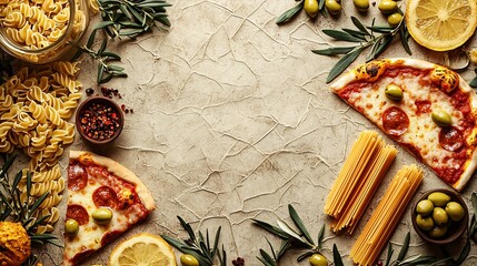 A Stylish Food Background Design Featuring Hand Drawn Pasta Pizza Slices and Olive Branches a Vintage Paper Texture