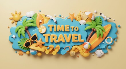 3D Rendered Illustration Time To Travel Text with Summer Beach Elements Background