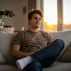 A Young Man At Home Relaxing on a Couch with Sunset Light in the Background
