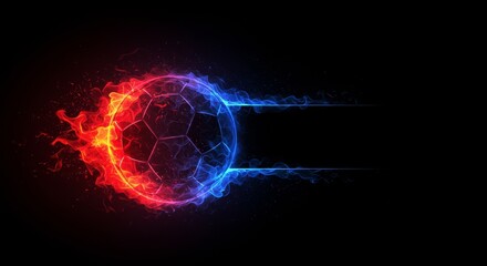 Abstract 3D Illustration of Glowing Soccer Ball in Red and Blue Colors on Black Background