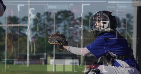 Female catcher squatting on field raising glove catching ball and updating digital sports overlay - Powered by Adobe