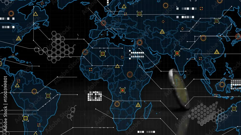 Poster map sliding in pulsing grids then coin spinning flipping east splitting settling showing data flow