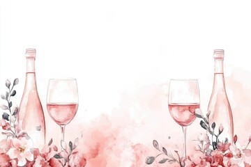 Watercolor illustration of two bottles and two glasses of ros? wine, surrounded by delicate pink flowers and foliage