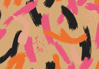 Abstract Brushstroke Pattern with Orange Pink and Black Paint Strokes on a Brown Background