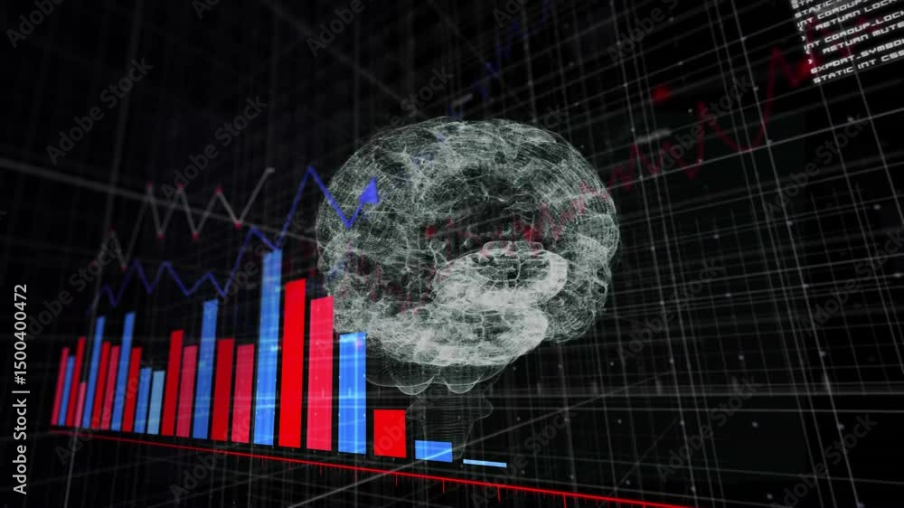 Aufkleber noise condensing into wireframe brain rotating with bars rising and line graphs visualizing data