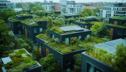 A photograph of a city with green rooftops and solar panels, Renewable, Modern and ecoconscious