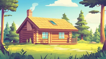 Cozy wooden cabin in summer forest surrounded by green trees and mountains