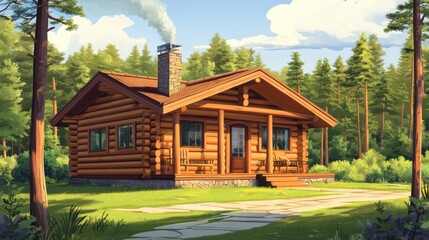 Cozy wooden cabin in summer forest surrounded by green trees and mountains