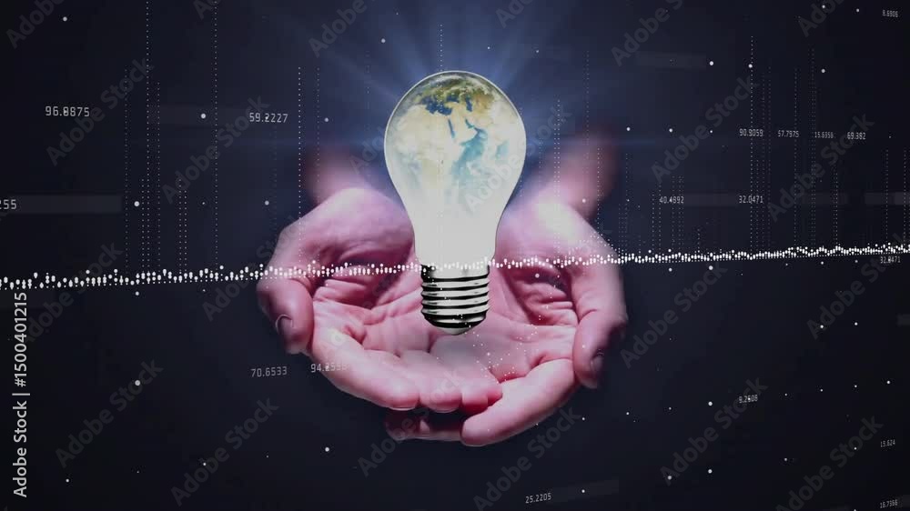 Poster numeric labels pulsing waveform starting hands emerging cradling globe lightbulb showing data flow