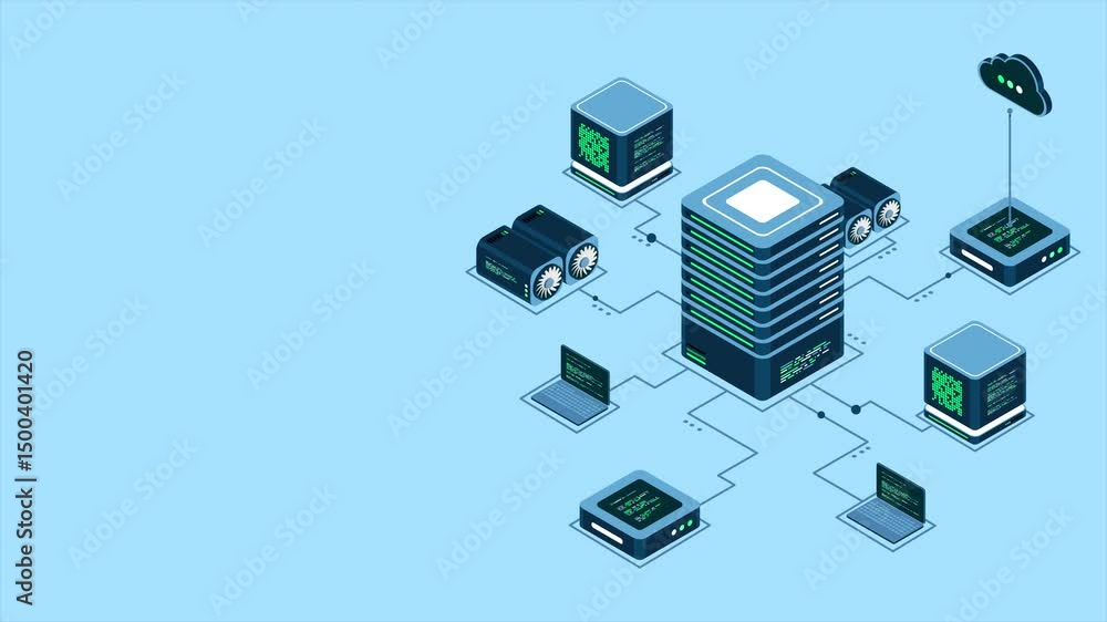Poster Isometric computer technology animation. Computation of big data center. Cloud computing. Online devices upload and download information. 4K video animated in isometric style
