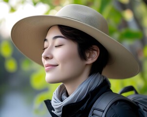 Peaceful Woman Enjoying Nature with Eyes Closed and Wide-Brim Hat
