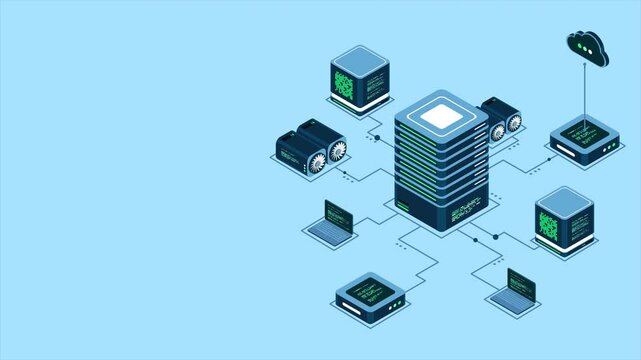 Isometric computer technology animation. Computation of big data center. Cloud computing. Online devices upload and download information. 4K video animated in isometric style