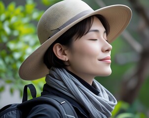 Peaceful Woman Enjoying Nature with Eyes Closed and Wide-Brim Hat