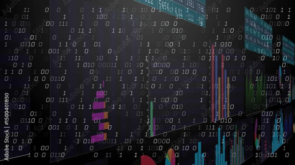 Poster with binary digits drifting camera panning digital dashboard revealing bar charts showing data flow