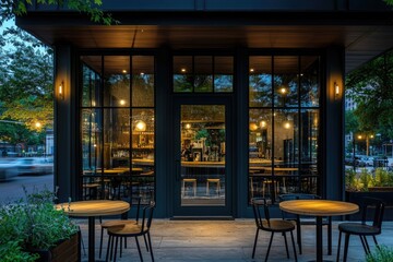 Modern cafe at night, outdoor seating