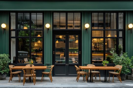 Exterior of a cafe at night. Green facade, dark windows, outdoor tables