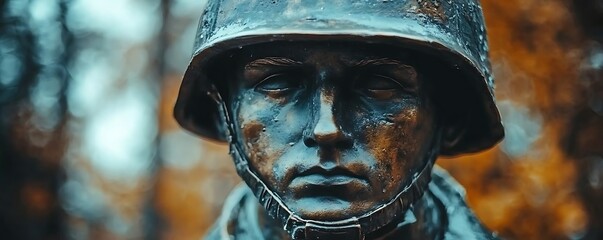 Soldier statue, forest, autumn, remembrance