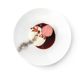 Grilled fillet mignon steak or grilled beef medallion with sauce on plate isolated on white...