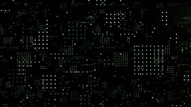 White symbols flashing forming grid green glow rising, arc sweeping symbols fading visualizing data