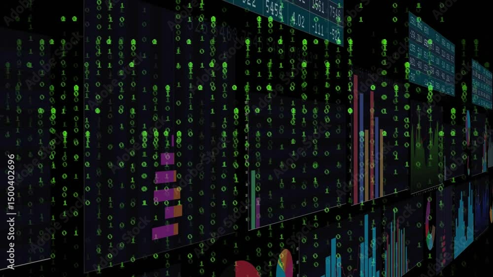 Poster 3d wall opening starting camera panning right showing charts while code cascading visualizing data