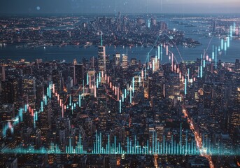 Obraz premium Aerial Cityscape at Night with Financial Graph Overlay Photo