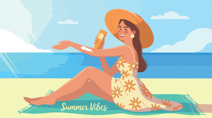 Woman applying sunscreen while sitting on beach towel, wearing summer dress and hat, enjoying sunny day by the ocean, embodying relaxation and summer vibes