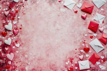 Valentine's Day themed border with hearts and envelopes on a pink background