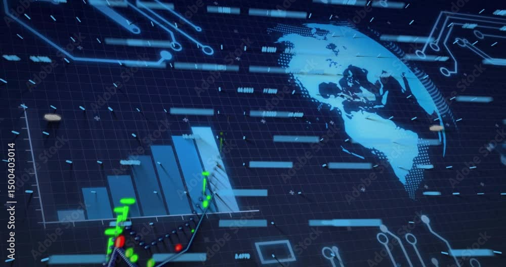 Poster grid filling initiating globe rotating, bar chart rising and line graph pulsing, visualizing data