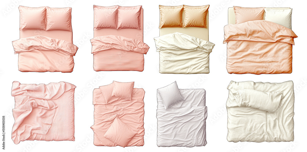 Poster set of 8 different bedding arrangements with pillows and sheets in various colors the bedsheets are 