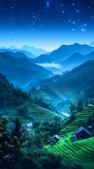 Night rice terraces, mountain valley