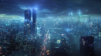 Obraz premium Futuristic cityscape at night with towering buildings and neon illuminations
