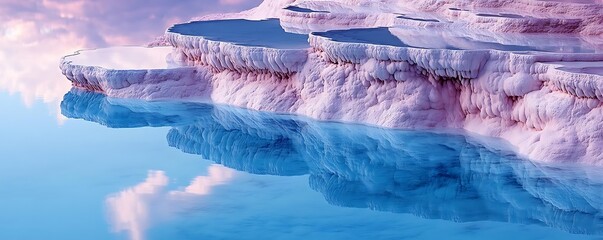 Pink terraces reflect in calm water, sunset sky