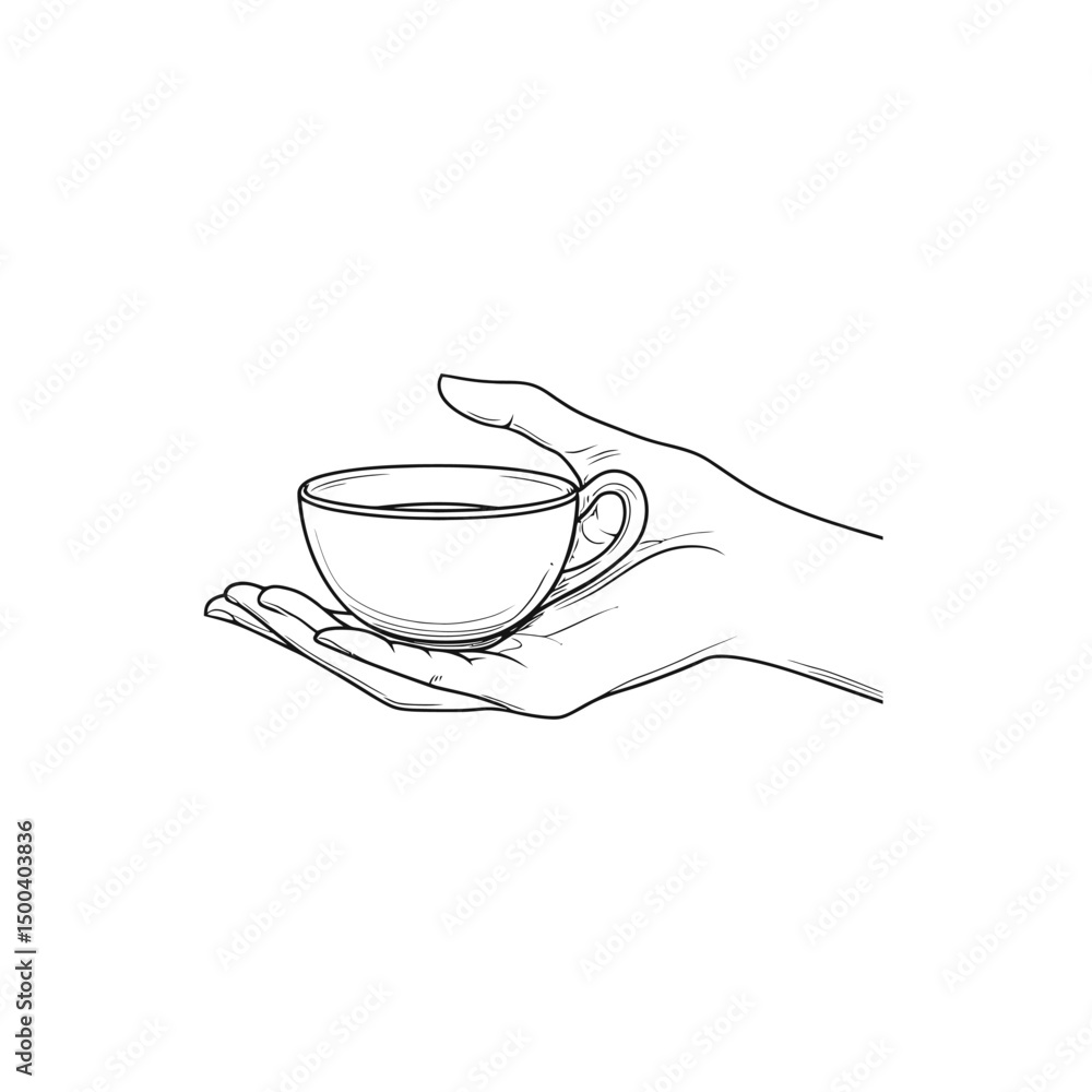 Poster outlined hand gracefully supports a delicate teacup, creating a minimalist and transparent backgroun