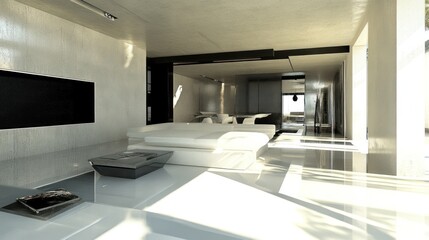 Sleek and minimalist living room with natural light creating an inviting atmosphere