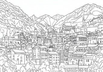 Fototapeta premium Paesaggio Montano in Bianco e Nero, Veduta Aerea di Borgo di Montagna