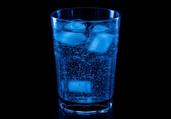 Cold Blue Ice Cubes in a Transparent Glass with Bubbles on Black Background Photo