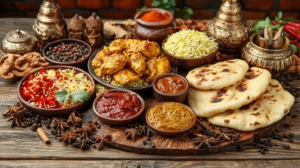 A Vibrant Indian Food Spread With Butter Chicken Naan Bread Biryani and Chutneys Styled With Ornate Tableware and Spices