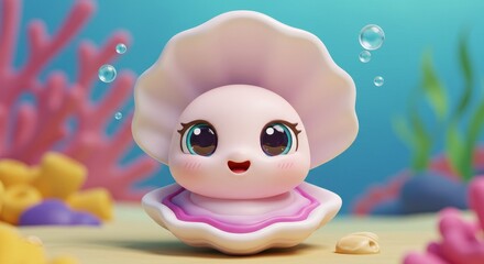 Cute Pixelated Pearl Cartoon Character Emerging From Seashell Underwater Illustration