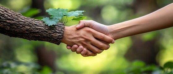 Forest handshake, green leaves, nature background. Eco-deal
