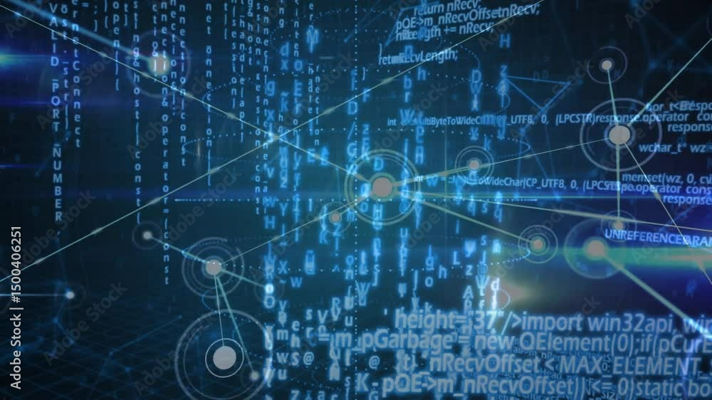Aufkleber on startup node forming in blue grid linking nodes streaming code rotating network visualizing data