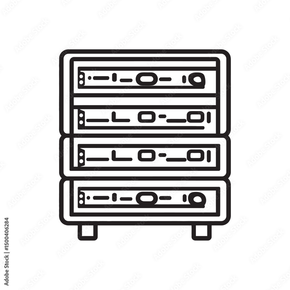 Aufkleber outlined network server shows stacked equipment with simple text on white background